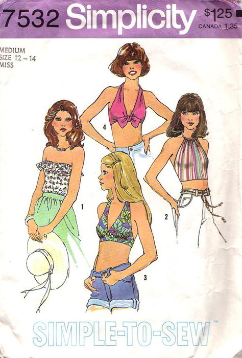 Simplicity 7532 from 1976 summer tops 70s Halter Top, 70s Sewing Patterns, Summer Halter Tops, Tube Top Bra, Halter Top Pattern, 1970s Sewing Patterns, Sew Patterns, 70s Inspired Fashion, Mia 3