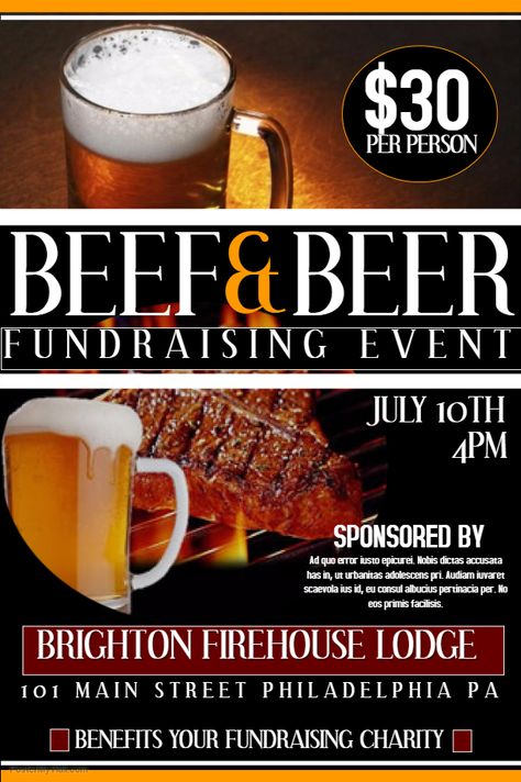 Beef and Beer Fundraising Event Campaign poster flyer banner template. Elementary School Newsletter Template, Beer Flyer, Event Campaign, Baseball Fundraiser, Spanish Education, School Newsletter Template, Happy Birthday Coloring Pages, Beer Pictures, Firefighter Quotes