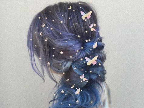 Spacecore Hairstyle, Cute Fantasy Hairstyles, Pretty Fancy Hairstyles, Galaxy Theme Hairstyle, Water Inspired Hairstyles, Galaxy Hair Accessories, Space Hair Accessories, Space Themed Hairstyles, Mythical Hairstyles