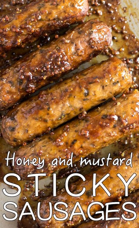 Sticky Sausages Recipes, Honey And Mustard Sausages, Honey Mustard Sausages, Vegetarian Sausage Recipes, Sticky Sausages, Veggie Bbq, Vegetarian Bbq, Meat Meals, Vegetarian Sausages