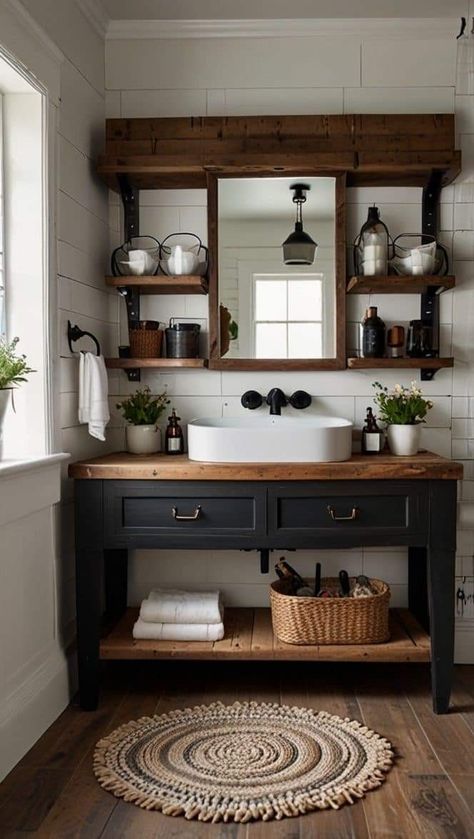 Cabin Bathroom Ideas Rustic, Modern Farmhouse Design Ideas, Modern Farmhouse Bathroom Design, Vintage Fixtures, Farmhouse Design Ideas, Dark Wood Bathroom, Cozy Textiles, Farmhouse Bathroom Design, Shiplap Walls