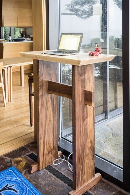 A minimalist modern wood standing desk for home office- wood writing desk, writing desk for standing, desk w/ live edge stretcher- handmade wood furniture Tall Desk, Modern Wood Desk, Diy Standing Desk, Handmade Wood Furniture, Modern Wood Furniture, Desk Diy, Desk Modern, Wood Writing Desk, Stand Up Desk