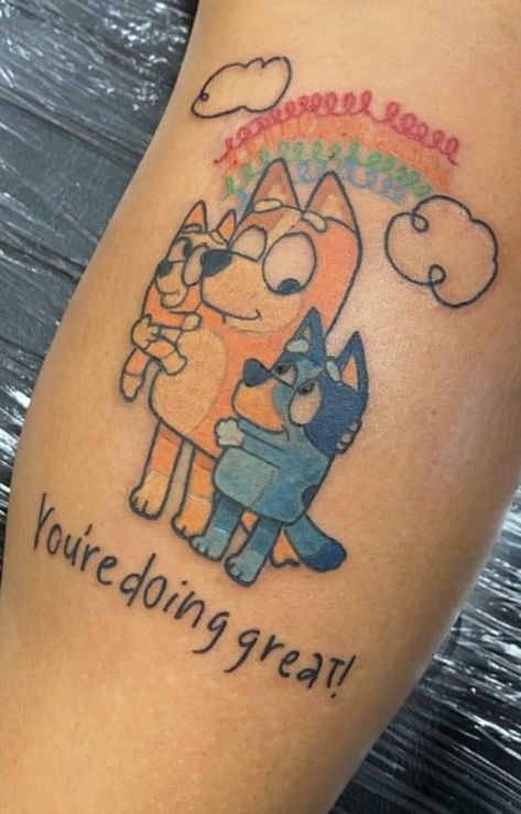 Tattoo Ideas Bluey, Bluey Bingo Tattoo Ideas, Bluey Bingo Tattoo, Bluey Cartoon Tattoo Ideas, Bluey Cartoon Tattoo, Bluey Tattoo Ideas, Bingo Tattoo, Bluey Tattoos, Sunflower Witch