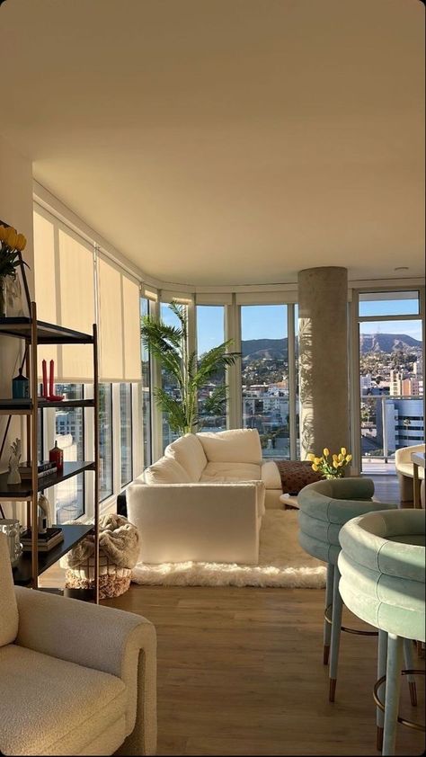 Amazing Apartments Interior, City View Apartment Living Room, City Apartment Aesthetic Bedroom, All Window Living Room, Los Angeles Loft Apartments, Monaco Apartment Aesthetic, Miami Apartment Aesthetic, City Apartment Aesthetic, Long Island City Apartment