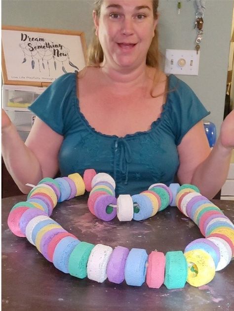 How to Make Giant Candy Necklaces from Pool Noodles Giant Candy Decorations, Sixlets Candy, Candy Props, Candy Decorations Diy, Willy Wonka Party, Candy Themed Party, Giant Candy, Gingerbread Christmas Decor, Candyland Birthday