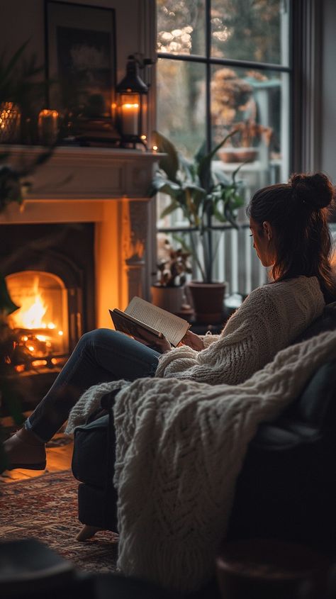 Free Cozy reading nook Image | Download at StockCake Reading In Front Of Fireplace, Apartment Reading Nook Cozy Corner, Reading Corner With Fireplace, Hygge Reading Corner, Cosy Nights In, Book Corner Aesthetic, Reading On Couch, Reading Nook Aesthetic, Cozy Book Aesthetic