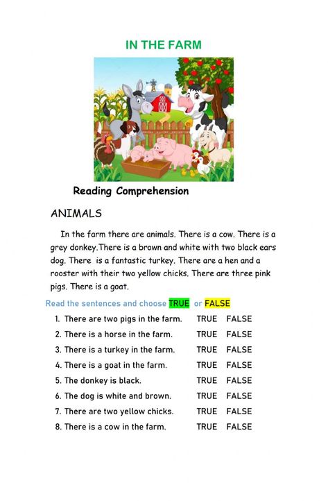 Picture Story Writing, Farm Lessons, Farm Animals Activities, Reading Comprehension For Kids, Reading Comprehension Lessons, Farm Preschool, English Activities For Kids, Animal Worksheets, English Exercises