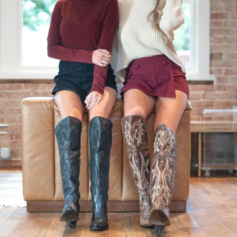 Dan Post Boot Company’s Instagram post: “Did you know the Jilted comes in black, too? Which is your favorite? 🤩” Western Over The Knee Boots, Styling Over The Knee Western Boots, Knee High Boots Outfit Country, Dan Post Jilted Boots Outfit, Knee High Cowboy Boots Outfit Summer, Dan Post Knee High Boots Outfit, Dan Post Boots Outfit, Over The Knee Cowboy Boots Outfit, Knee High Cowgirl Boots Outfits