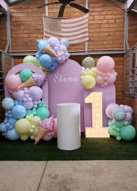 Ice Cream Theme 1st Birthday Party, Sweet One Balloon Arch, 3 Arch Backdrop With Balloons, Baby First Birthday Themes, Ice Cream Party Theme, Candy Theme Birthday Party, First Birthday Balloons, Candy Land Birthday Party, Candy Birthday Party