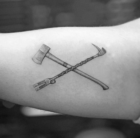 Halligan Tattoo Firefighter, Gunfighter Tattoo, Feminine Firefighter Tattoo, Tattoos For Firefighters, Simple Firefighter Tattoo, Firefighter Memorial Tattoo, Small Firefighter Tattoo For Women, Small Firefighter Tattoo, Fireman Tattoo Ideas