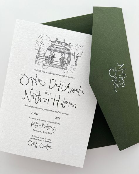 Wedding & Events Stationery • Design • Creative Projects | Invitation suite featuring hints of Forrest green for S&N | Instagram Green Wedding Stationery, Instagram Invitation, Bow Wedding, Green Wedding Invitations, Wedding Illustration, Wedding Bows, Pizza Pasta, Design Creative, Invitation Suite