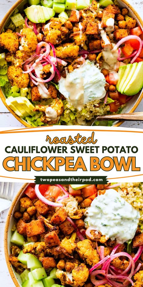 Looking for a quick and easy recipe for dinner? This Roasted Cauliflower, Sweet Potato, and Chickpea Bowl is a delicious and healthy recipe! Add this to your simple weeknight dinner ideas for the family. Sweet Potato Chick Pea Recipe, Sweet Potato Cauliflower Bowl, Roasted Sweet Potatoes And Cauliflower, Cauliflower Bowls Healthy, Healthy Recipes Chickpeas, Chickpea Sweet Potato Bowl, Healthy Chickpea Dinner Recipes, Cauliflower Chickpea Recipes, Roasted Cauliflower And Sweet Potato