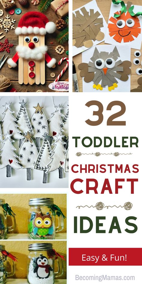 These 32 adorable toddler Christmas crafts are perfect for little hands. Festive cardboard creations, cute fabric decorations, and many more! These easy Christmas craft ideas will keep your toddler entertained. Christmas Gift For Toddlers To Make, Christmas Crafts With Toddlers Easy, Christmas Projects Toddlers, Christmas Presents Toddlers Can Make, Simple Christmas Toddler Crafts, Christmas Decorations For Preschoolers, Kids Christmas Crafts Toddlers, Small Kids Christmas Crafts, Christmas Crafts To Give Grandparents