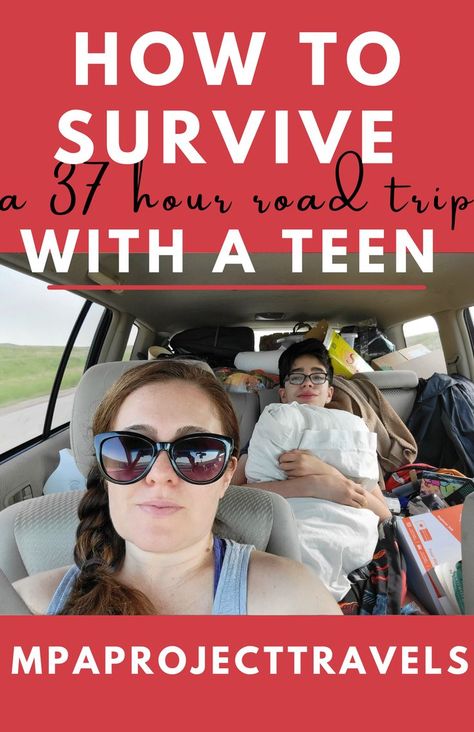 A photo of a mother and teen in a packed car on a road trip. The teen is holding a white pillow. The Mom is wearing dark sunglasses. Teen Road Trip Activities, Road Trip Hacks For Teens, Road Trip Activities For Teens, Long Road Trip Essentials For Teens, Long Road Trip Hacks, Road Trip Essentials For Teens, Road Trip With Teens, Long Road Trip Essentials, Montreal Trip