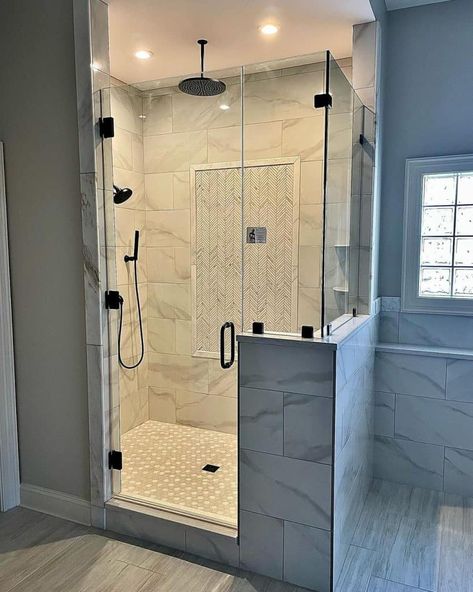 small bathroom corner shower with half walls ideas - A blue half-wall with glass Half Glass Shower Wall, Half Wall Shower Ideas, Dark Grey Tile Bathroom, Stalls Ideas, Small Shower Stalls, Ideas For Small Bathroom, Half Wall Ideas, Corner Shower Stalls, Brown Tile Bathroom