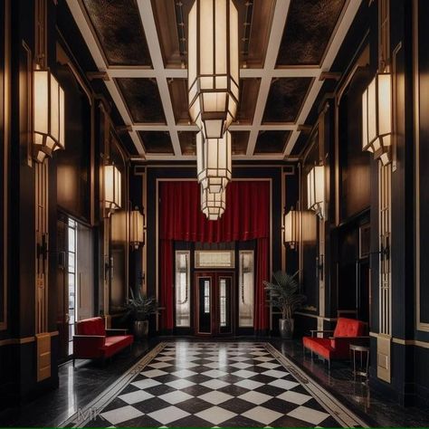 Art Deco Interior Apartment, Gothic Art Deco Interior Design, Art Deco Lobby Design, Art Deco Penthouse, Roaring 20s Interior Design, Dark Art Deco Interior, Gaudy Decor, Fancy Hotel Lobby, Art Deco Restaurant Interior