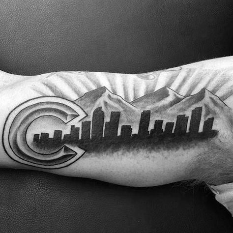 Inner Arm Bicep Shaded Black And Grey Denver Skyline Tattoo Designs For Guys Colorado C Tattoo, Denver Colorado Tattoo Ideas, Denver Skyline Tattoo, Denver Tattoo Ideas, Colorado Tattoo Ideas, Colorado Tattoos, Denver Tattoo, Michigan Tattoos, Colorado Tattoo