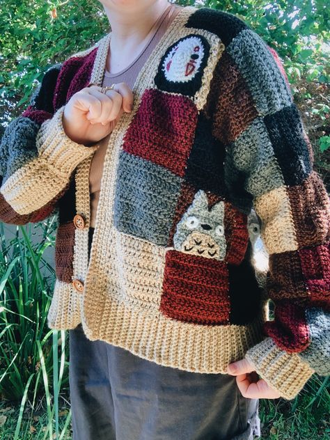 Totoro Crochet Cardigan, Howl Pendragon Cardigan, Studio Ghibli Crochet Cardigan, Anime Crochet Cardigan, Anime Crochet Sweater, Howls Jacket Crochet, Howl Cardigan Crochet, Ghibli Granny Square, Demon Slayer Crochet Cardigan