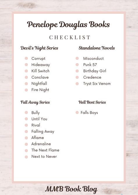 Penelope Douglas Books in Order: Complete Book Series List Completed Book Series, Creedence Penelope Douglas, Five Brothers Penelope Douglas, Penelope Douglas Bully, Penelope Douglas Books List, Booktok Book Checklist, Misconduct Penelope Douglas, Book Checklist Template, Penelope Douglas Book Quotes