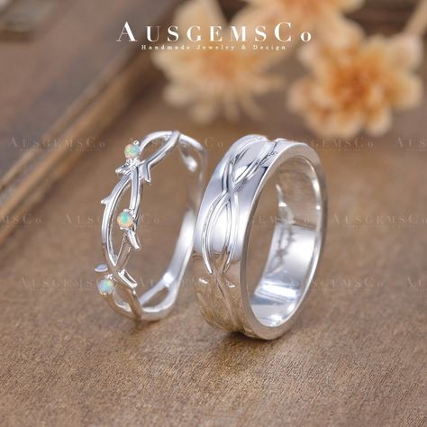 🌸Couples Ring Set For Men And Women Opal Wedding Ring Set Men Comfort Fit Wedding Band Vintage Ring White Gold Ring Vine Leaf Anniversary 🌸ITEM DETAILS Main Stone:  Natural Opal, 1.5mm Round, 3 pcs.  Opal can be replaced by any other stone such as Sapphire, Emerald, Ruby, Alexandrite, etc. Ring Band: 1.5mm for women's ring, 5.3mm for men's ring Metal Choice: 925 Sterling Silver(Plated 18K Yellow/Rose/White Gold) or 10K/14K/18K Solid Gold (Rose, White, or Yellow) or Platinum  🌸Service Availabl Engagement Rings Couple Silver, Mens And Womens Matching Wedding Rings, Husband And Wife Wedding Bands, White Gold Rings Men, Wrdding Rings, Weddibg Rings, Matching Couple Wedding Rings, Unique Wedding Bands White Gold, Women's Wedding Rings