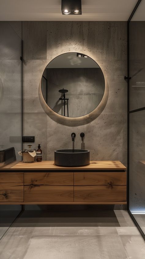 Industrial Bathroom Designs - Remodr Small Bathroom Ideas Industrial, Industrial Look Bathroom, Cr Design Ideas, Industrial Interior Design Bathroom, Bathroom Industrial Design, Concrete And Wood Bathroom, Bathrooms Ideas Modern, Bad Industrial, Industrial Design Bathroom