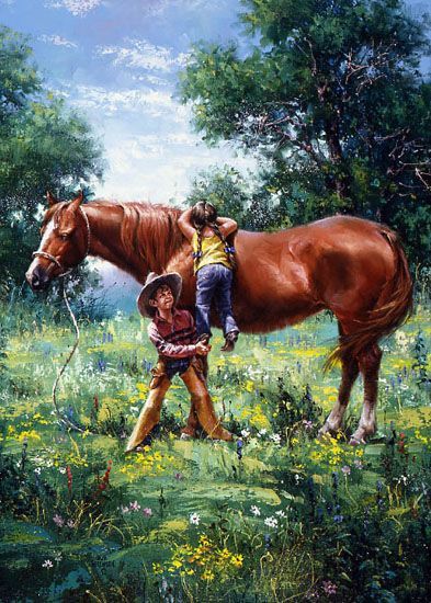 "Giving Sister a boost" Jack Sorenson Jack Sorenson, Western Prints, Western Artwork, Western Paintings, Cowgirl And Horse, Horse Artwork, Equestrian Art, Cowboy Horse, Farm Art