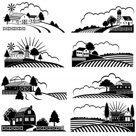 Retro rural landscapes with farm buildin... | Premium Vector #Freepik #vector #vintage #design #house #building Farm Graphic Design, Farm Silhouette, Farm Logo Inspiration, Landscape Black And White, Tractor Art, Farm Building, Farm Logo Design, Woodcut Art, Nature Sketch