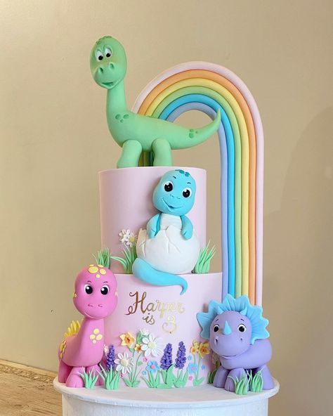 Pink Dino Birthday Cake, Pink Dinasour Birthday Cake, Dinosaur Birthday Party For A Girl, Pastel Dinosaur Cake, Dinosaur 3rd Birthday Cake, Girl 3rd Birthday Cake, Dinosaur Cake For Girls Birthday, Rainbow Dinosaur Cake, 3rd Birthday Cake Ideas