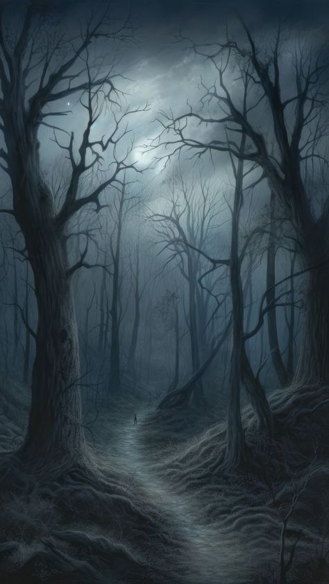 Dark Fantasy Scenery, Dark Forest Aesthetic Night, Scary Forest Aesthetic, Gothic Scenery, Eerie Background, Dark Fantasy Landscape, Dark Fantasy Forest, Eerie Forest, Horror Forest