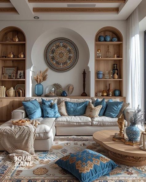 Moroccan Furniture Living Room, Moroccan Interior Design Living Room, Moroccan Interiors Living Room, Rajasthani Interior Design, Cream Sectional Sofa, Moroccan Inspired Living Room, Modern Moroccan Living Room, Islamic Living Room, Blue And Gold Decor