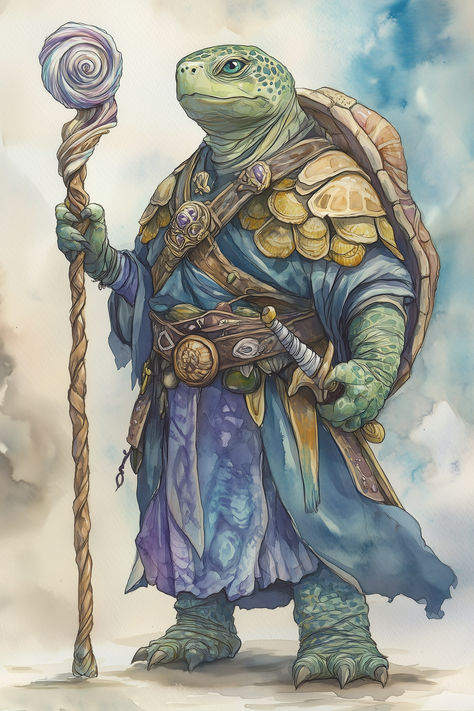 Kavallith is a curious blend of ancient wisdom and youthful enthusiasm. Draped in robes adorned with seashell motifs and carrying a staff topped with a swirling conch, Kavallith is as much at home on the seashore as they are in the arcane library. Dnd Tortle Character Art, Tortle Wizard Dnd, Dnd Sea Campaign, Tortle Dnd Character Design, Tortle Sorcerer, Tortle Druid, Tortle Dnd, Arcane Library, Druid Rogue