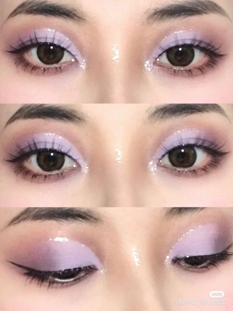 Aesthetic Eye Shadow Look, Everyday Purple Eyeshadow, Colored Fake Lashes, Pastel Purple Makeup, Purple Douyin Makeup, Light Purple Makeup Looks, Lilac Makeup Look, Lilac Eye Makeup, Lilac Makeup