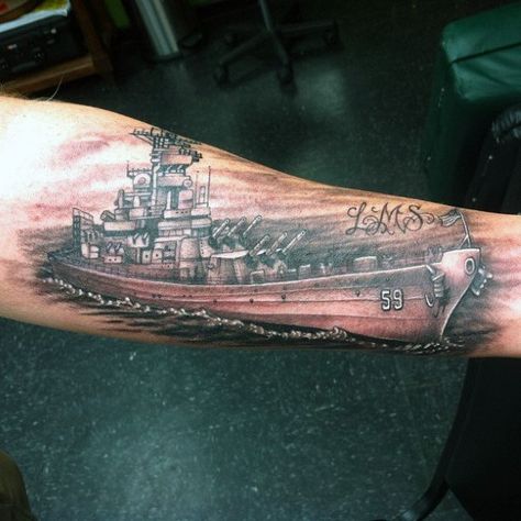 Man With Navy Ship Forearm Tattoos Royal Navy Tattoo, Battle Ship Tattoo, Navy Tattoos For Men Sailors, Navy Ship Tattoo, Navy Tattoo Ideas, Navy Tattoos For Men, U.s. Navy Tattoo, Us Navy Tattoos, Naval Tattoos