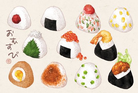 Onigiri by sehyun leeHand drawing & photoshop Sushi Drawing, Demon Reference, Japanese Food Illustration, Japanese Food Art, 귀여운 음식 그림, Foodie Art, Food Infographic, Food Artwork, Food Sketch