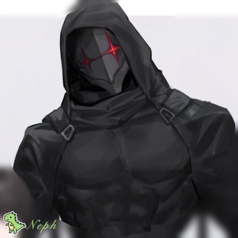 Metal Jaw Character, Black Suit Anime Guy, Masked Oc Male, Hooded Man Art, Evil Villain Character Design, Vigilante Oc Character Design, Anime Character With Mask, Masked Anime Guy, Hooded Character Design