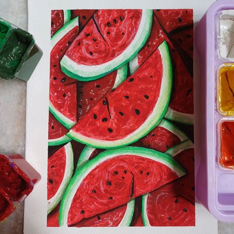 Rejoice in the freshness of these mouth-watering watermelons, beckoning you with their vibrance and rich red colour. Gouache paints from @miyaarts @miyahimi.in @thoovi.arts. My entry for #himipalette2024 : watermelon. #gouacheartwork #himimiyagouache #miyahimigouache #artist #artistsoninstagram #thooviarts #watermelon #painting #fresh Watermelon Painting, Gouache Color, Gouache Paints, Watermelon Art, Gouache Art, Red Colour, Mouth Watering, Red Color, Watermelon