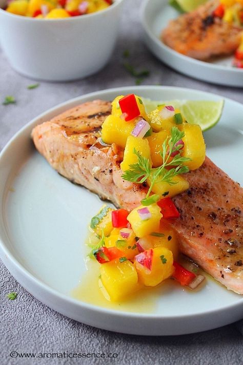 Grilled salmon with mango salsa. Grilled Fish With Mango Salsa, Grilled Salmon With Mango Salsa, Salmon And Mango Salsa, Salmon Mango Salsa, Salsa Salmon, Salmon With Mango Salsa, Salmon With Mango, Mango Salsa Salmon, Mango Salsa Recipe