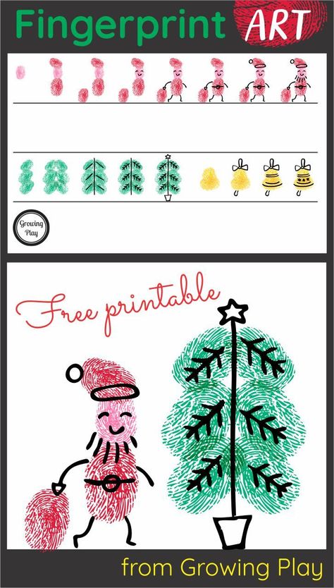 I love fingerprint art! It is so simple to create and cute. This FREE Christmas fingerprint art printable includes the step by step directions to create a fingerprint Santa, Christmas tree, and holiday bell. Download the free printable at the bottom of the post. Christmas Fingerprint Art, Christmas Fingerprint, School Christmas Gifts, General Gift Ideas, Fingerprint Cards, Thumbprint Art, Fingerprint Crafts, Wonderland Christmas, Fingerprint Art