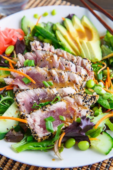 Sesame Crusted Seared Ahi Tuna 'Sushi' Salad with Wasabi Vinaigrette Seared Ahi Salad, Wasabi Vinaigrette, Ahi Salad, Ahi Tuna Salad, Seared Ahi Tuna, Sushi Salad, Chicken Honey, Tuna Sushi, Seared Ahi