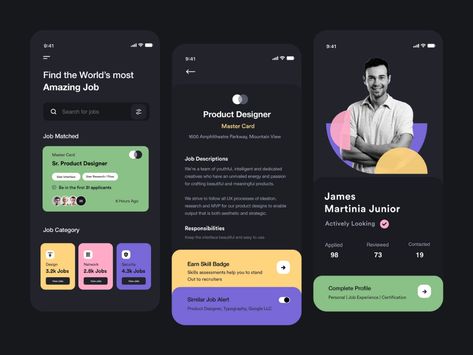 Dark Job UI by DStudio® on Dribbble App Design Inspiration, Design Career, Dark Mode, Mobile App Ui, Ui Design Inspiration, App Ui Design, Ui Inspiration, Design Jobs, Mobile App Design