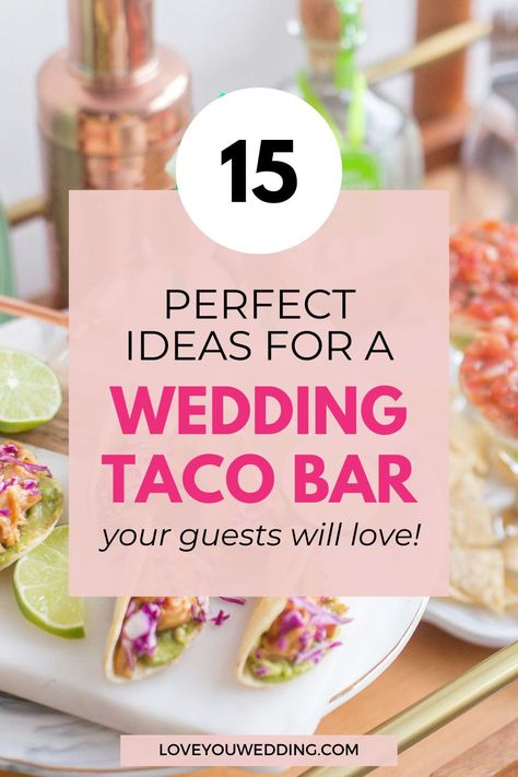 Elevate your wedding reception food with our guide on 'How to Plan the Perfect Fancy Wedding Taco Bar.' Whether it's a DIY wedding taco bar for your wedding reception buffet, rehearsal dinner, engagement party or wedding shower, find tips and ideas for a flavorful celebration. Click through for 15 perfect tips and ideas for your wedding taco bar. Wedding Taco Bar Receptions, Rustic Taco Bar, Taco Bar Wedding Reception, Bar Wedding Ideas, Engagement Party Menu, Taco Bar Wedding, Wedding Reception Food Ideas, Crowd Recipes, Taco Bar Party