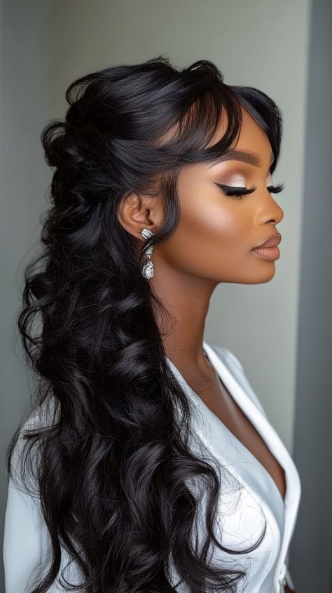 💫🦋 Celebrity-Inspired Bridal Hair Half Up wedding hairstyles half up half down bangs Revolution... Bridal Hair Accessories Black Women, Partial Ponytail Half Up, Summer Wedding Bride Hair, Sew In Wedding Hairstyles Black Women, Bridal Hair Black Women Half Up, Wedding Hairstyles For Long Hair Black, Black Bride Hair Down, Reception Hairstyles For Bride, Wedding Day Hair Black Women