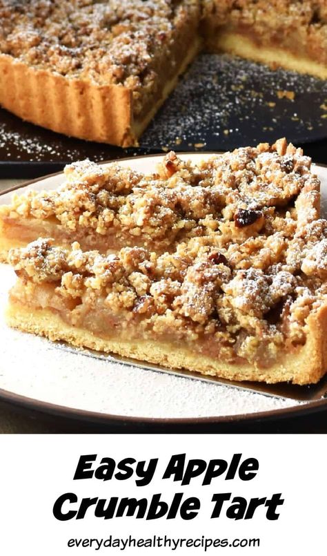 This apple crumble tart consists of a crispy, buttery crust, a generous amount of apple filling mixture, and a nutty, crunchy crumble top. This recipe uses an easy preparation method, and most of the work is done in the oven. This crumble tart with apples is not too sweet, but full of flavour, texture and perfect as an easy autumnal dessert. #crumbletart #appletart #applecrumble #thanksgivingdessert #everydayhealthyrecipes Apple Crumble Tart Recipe, Apple Crumble Healthy Easy, Crumb Crust Apple Pie Crumble Topping, Easy Vegan Apple Crumble, Apple Crumble Tart, Healthy Vegan Apple Crumble, Crumble Tart, Easy Apple Crumble, Apple Crumb