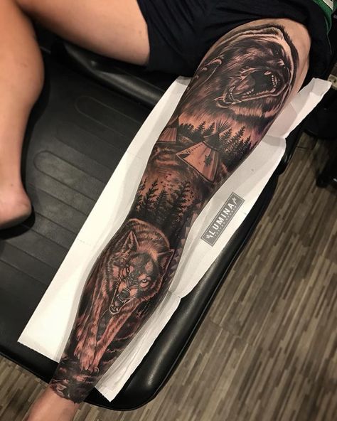 Bear Leg Sleeve Tattoo, Full Leg Sleeve Tattoos For Guys, Leg Tattoo Men Sleeve, Shin Tattoo Men, Leg Sleeve Tattoo Male, Side Leg Tattoo, Womens Tattoos, Leg Tats, Chicano Tattoos Sleeve