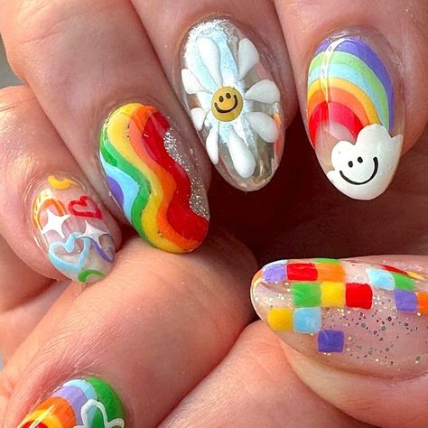 Nail Design For Kids, Kid Core Nails, Cute Rainbow Nails, Weirdcore Nails, Rainbow Gel Nails, Cute Nails For Kids, Nails Rainbow, Kid Rainbow Nails, Hobicore Nails