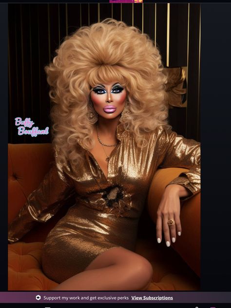 Huge Hair, Drag Queen Makeup, Big Blonde Hair, Queen Makeup, Pipe Dream, Queen Hair, Long Wigs, Golden Lights, Big Hair