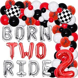 Born Two Ride Birthday Boy, Red Balloon Garland, Birthday Motorcycle, 2nd Birthday Party Decorations, Motorcycle Party, Motorcycle Birthday, Racing Theme, 2nd Birthday Boys, Car Birthday Theme