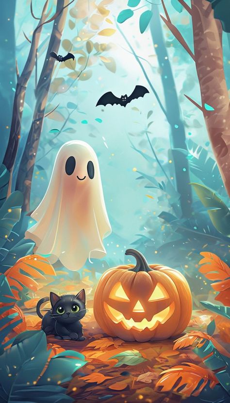 Cute Halloween Wallpaper, Painting Ghost, Cat Template, Spooky Art, Cat Playground, Whimsical Halloween, Halloween Scene, Autumn Painting, High Quality Wallpapers