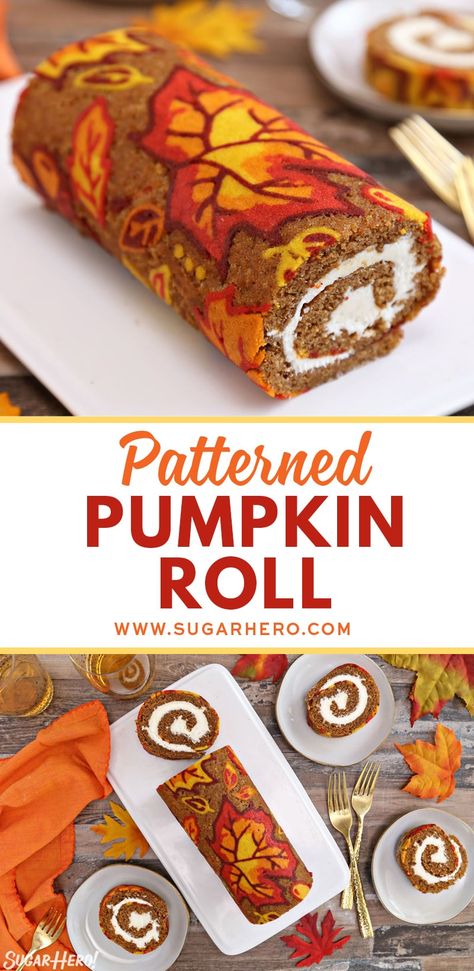 Patterned Pumpkin Roll - a moist pumpkin cake with a pumpkin spice cream cheese filling is decorated with a gorgeous autumn leaf design. This cake will be the star of your dessert table! | From SugarHero.com #sugarhero #pumpkincake #thanksgiving Pumpkin Spice Cream Cheese, Moist Pumpkin Cake, Desserts Pumpkin, Pumpkin Spice Cream, Pumpkin Rolls Recipe, Cake Roll Recipes, Thanksgiving Cakes, Diy Desserts, Pumpkin Roll