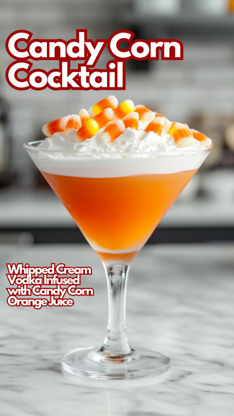 Candy Corn Cocktail Candy Corn Vodka Drinks, Candy Corn Cocktail, Halloween Mixed Drinks Recipe, Clown Cocktail, Orange Drinks Alcohol, Halloween Drink Ideas For Kids, Vodka Halloween Drinks, Candy Corn Shots, Candy Corn Drink